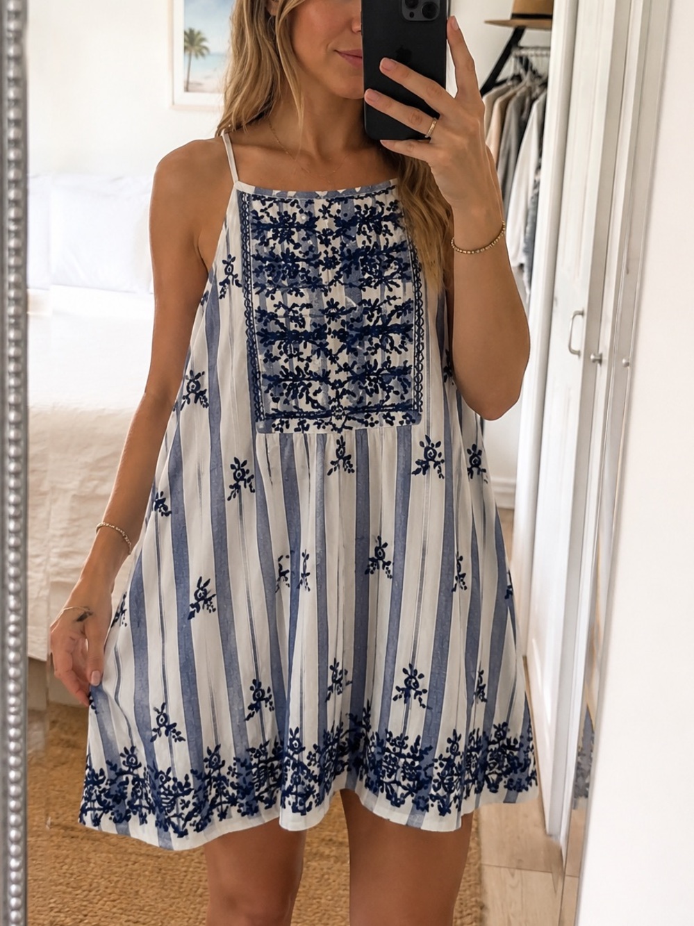 Mi Ami Blue White Embroidered Cotton Sundress Small Boho Beach Dress